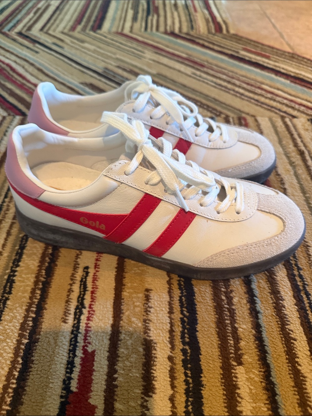 Gola White Sneakers with Pink Heel and Red Stripes